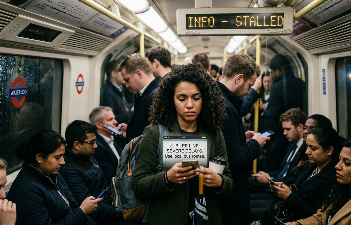 Commuters on a stalled London Underground train