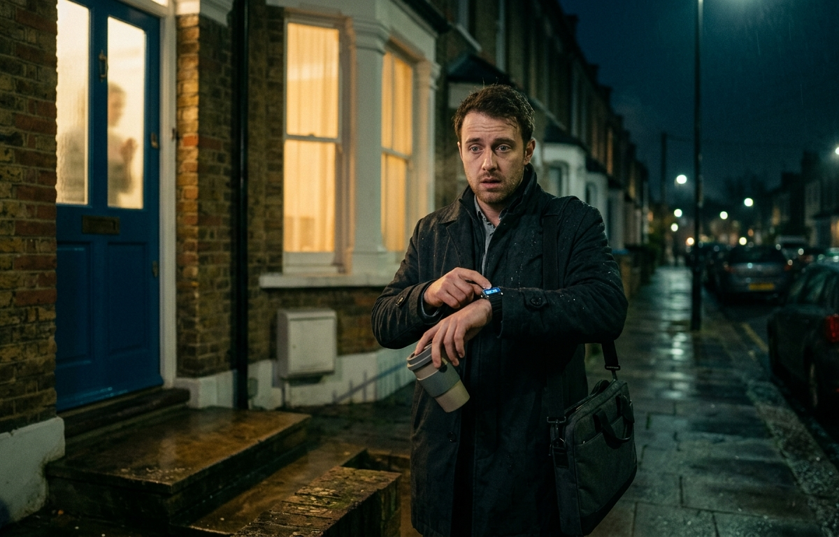 Commuter checking the time on a wet city street at night