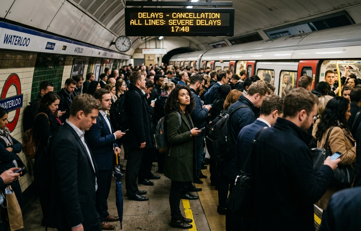 Crowded platform at Waterloo during severe delays